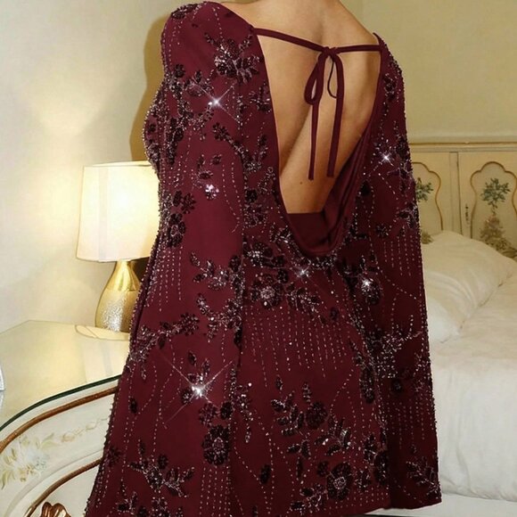 Burgundy Elegant Women's Sequin Embroidered Backless Flare Sleeve Dress - Picture 2 of 5